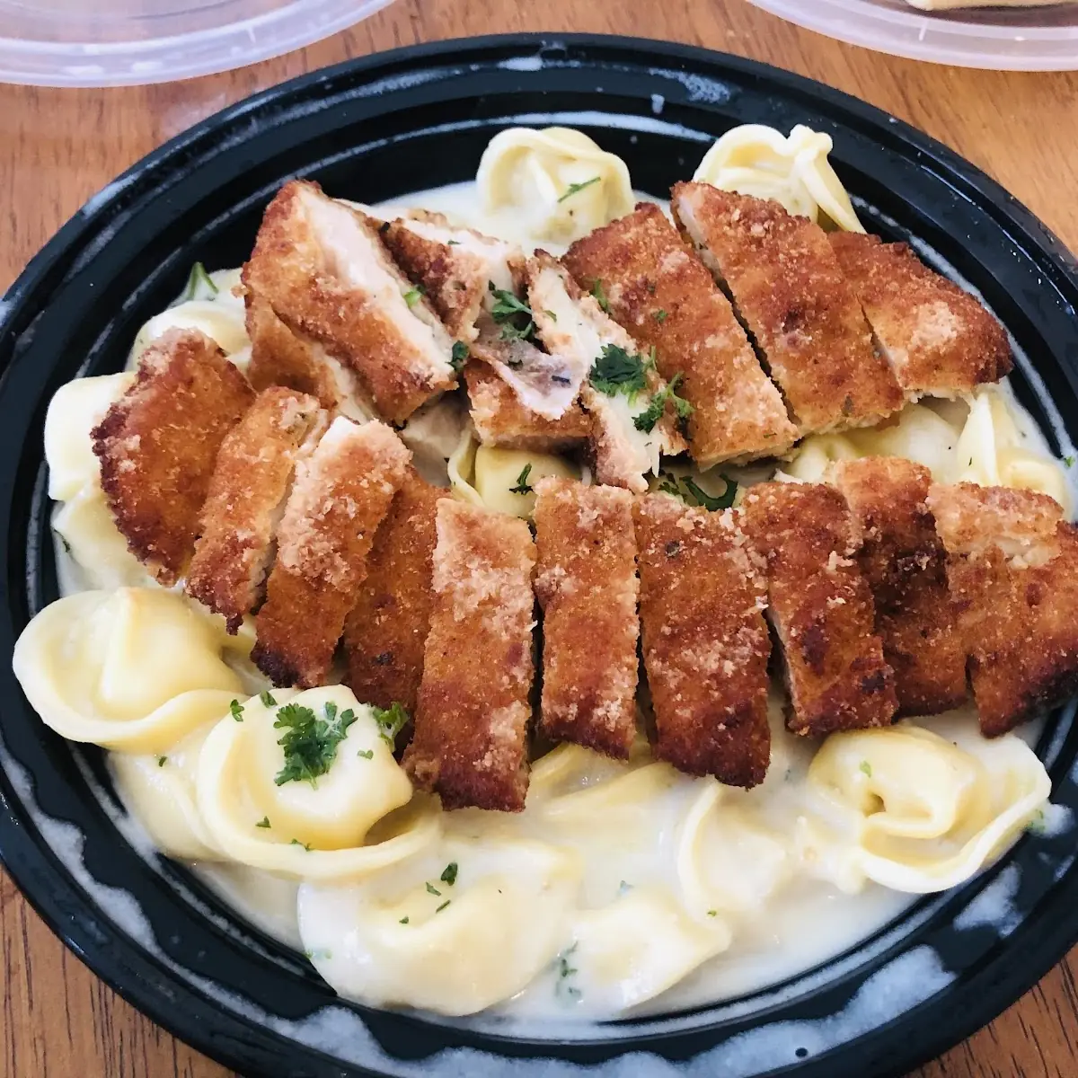 Tortellini Alfredo with Breaded Chicken Cutlet