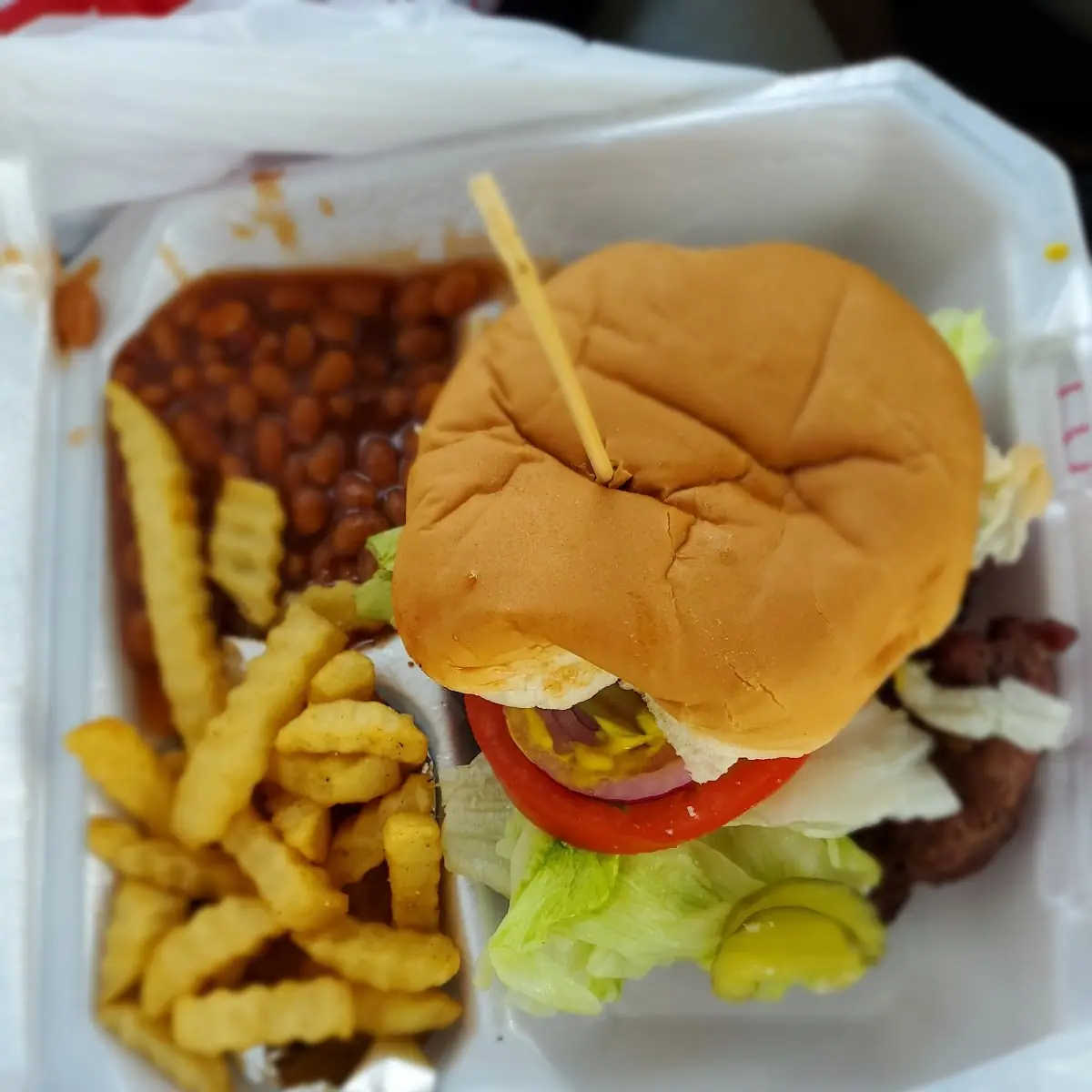 Burger with Fries and Baked Beans