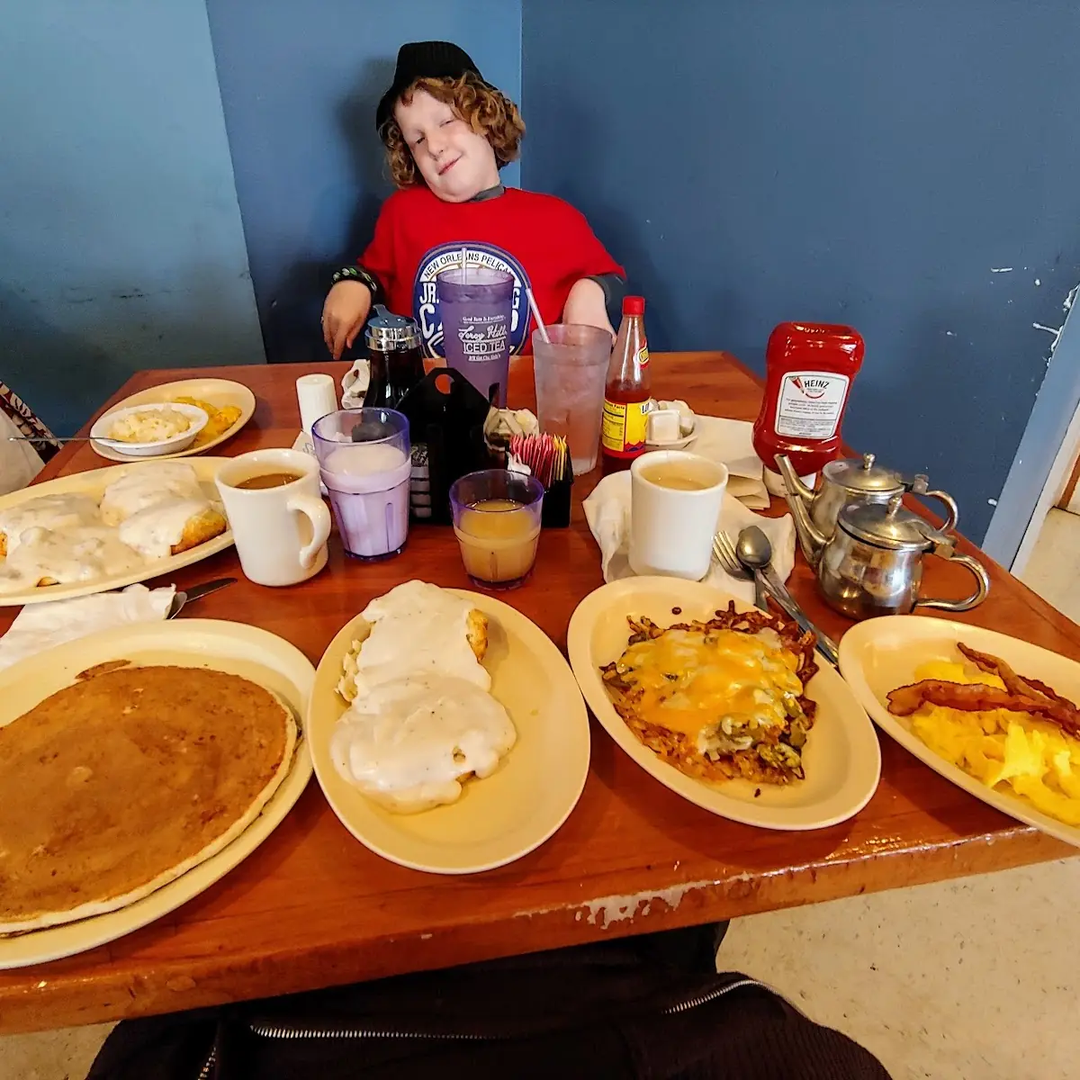 Biscuits & Gravy Scrambled Egg Bacon and a Chocolate Chip Hotcakes