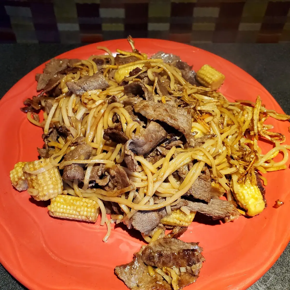Beef Baby Corn and Chinese Noodles