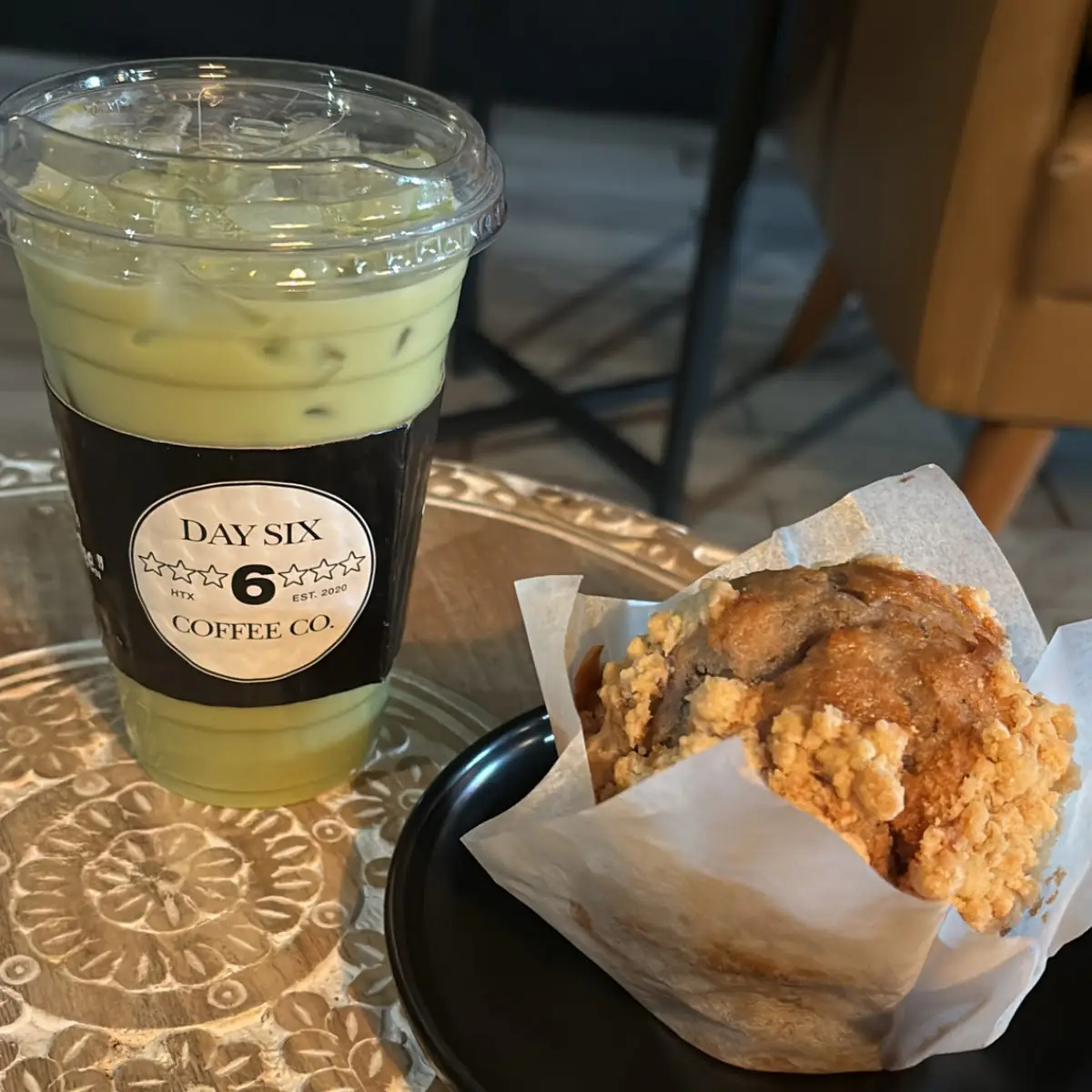 Iced Matcha Latte with Blueberry Muffin