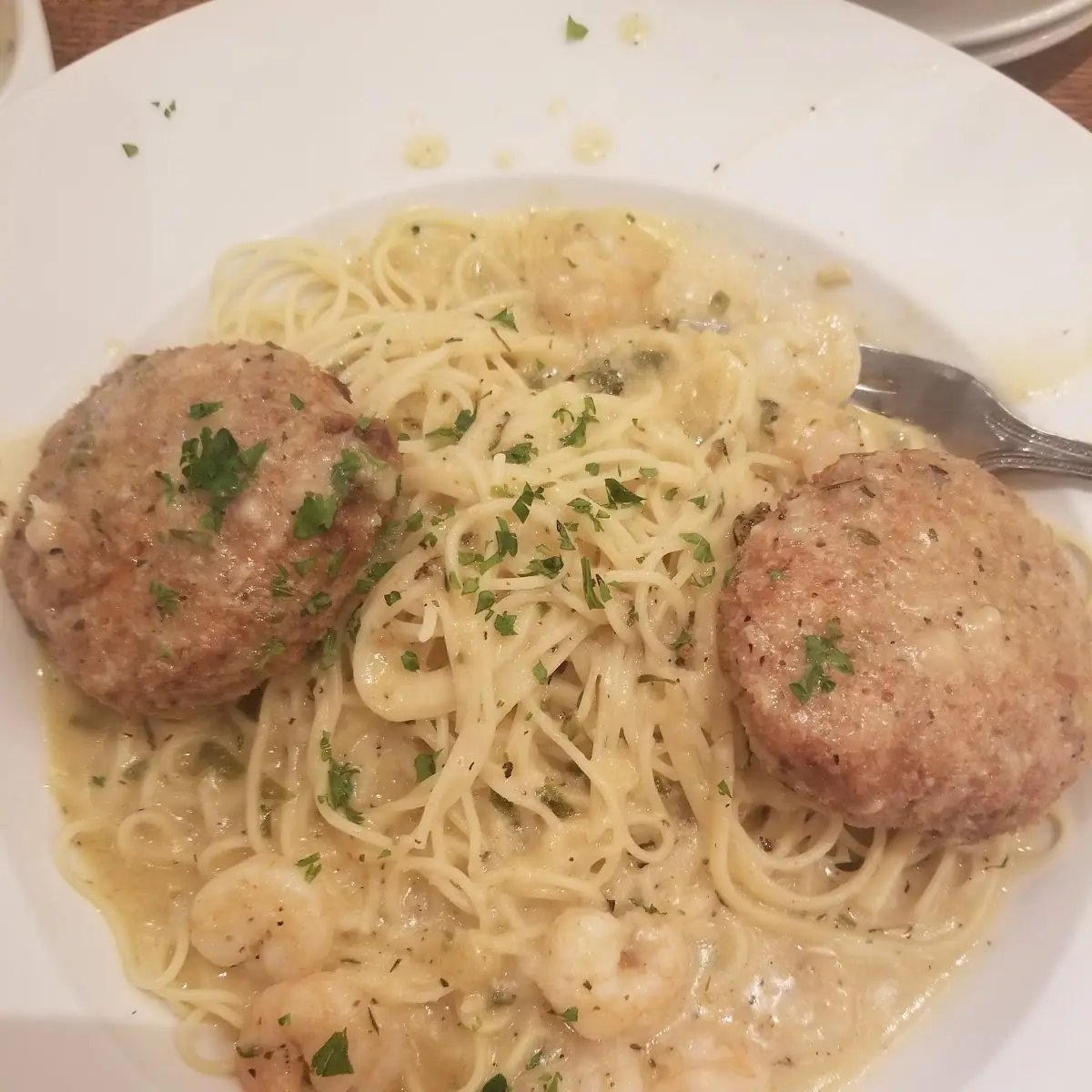 Shrimp Pasta with Crab Cakes