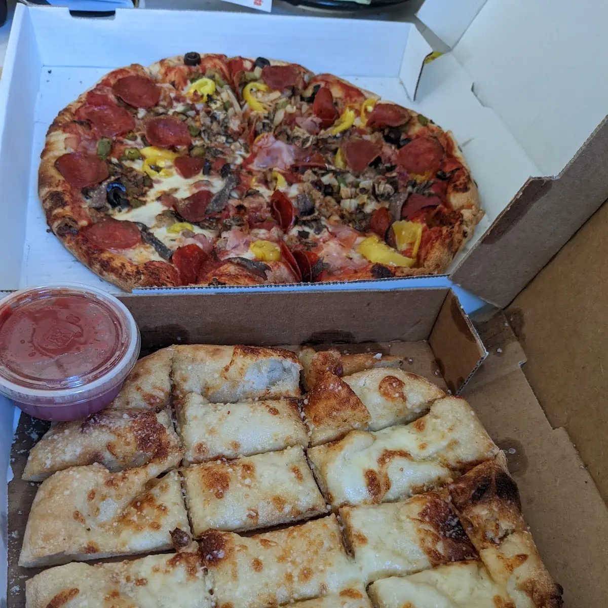 Large Super with Anchovies on Half & Large Cheese Bread