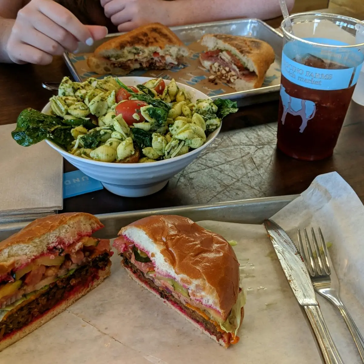 Hemp Burger and Pesto Pasta