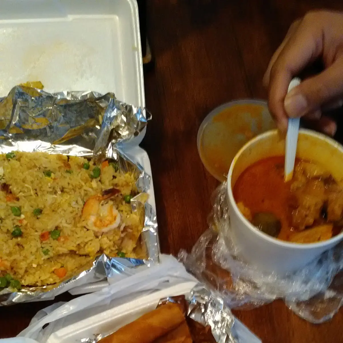 Shrimp Fried Rice Egg Rolls & Chicken Curry Soup
