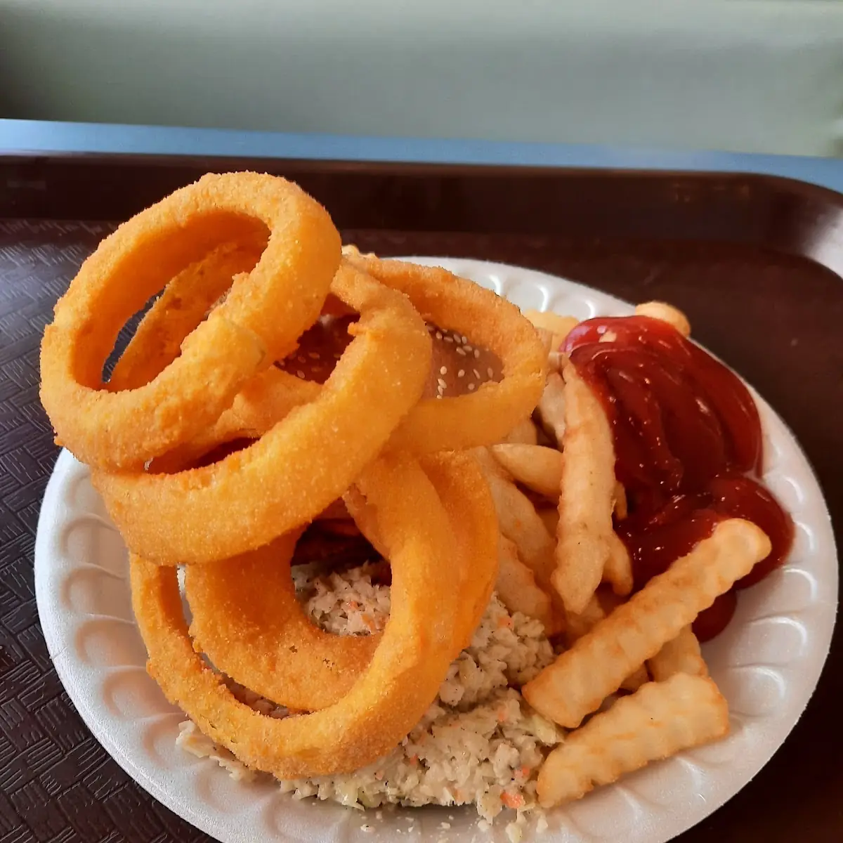 Chili Cheeseburger with Onion Rings