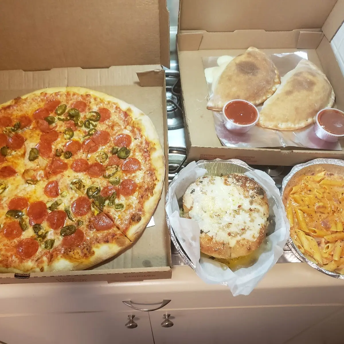 Pepperoni Pizza Calzone Ziti Garlic Bread