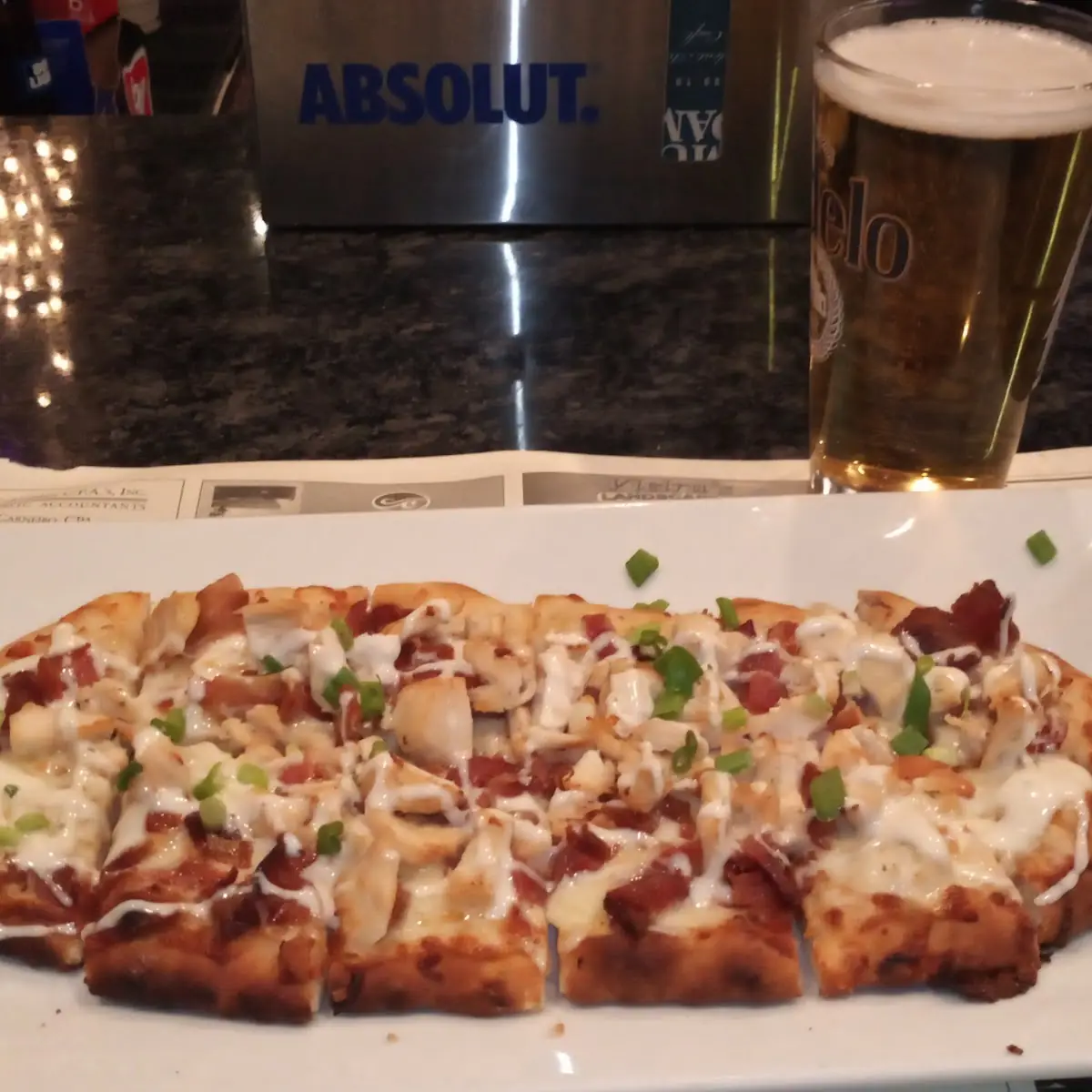 Flatbread Pizza Chicken Bacon Ranch Side of Ranch for Dipping w a Cold Budlight Draft