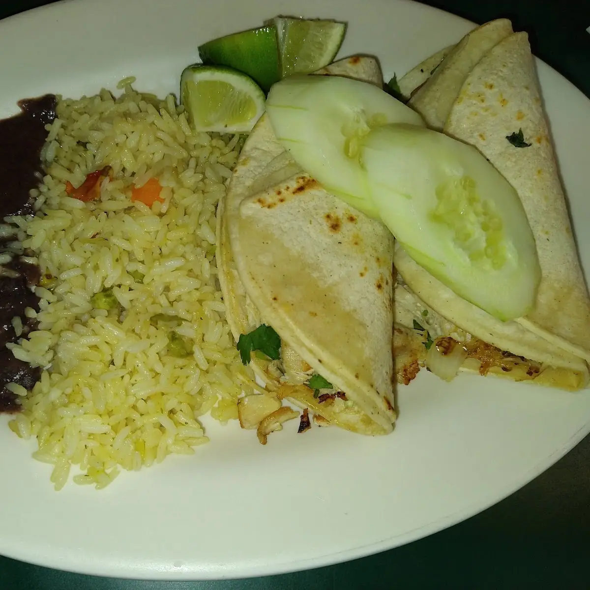 2 Chicken Tacos with Rice and Bean on Side
