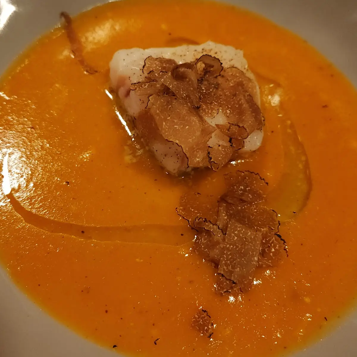 Old Piemonte Style Carrot Velloute with Alaskan Cod Extra Virgin Olive Oil and Truffles