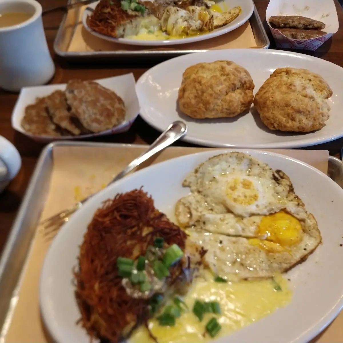 Two Egg Special with Potato Souffle and Biscuits