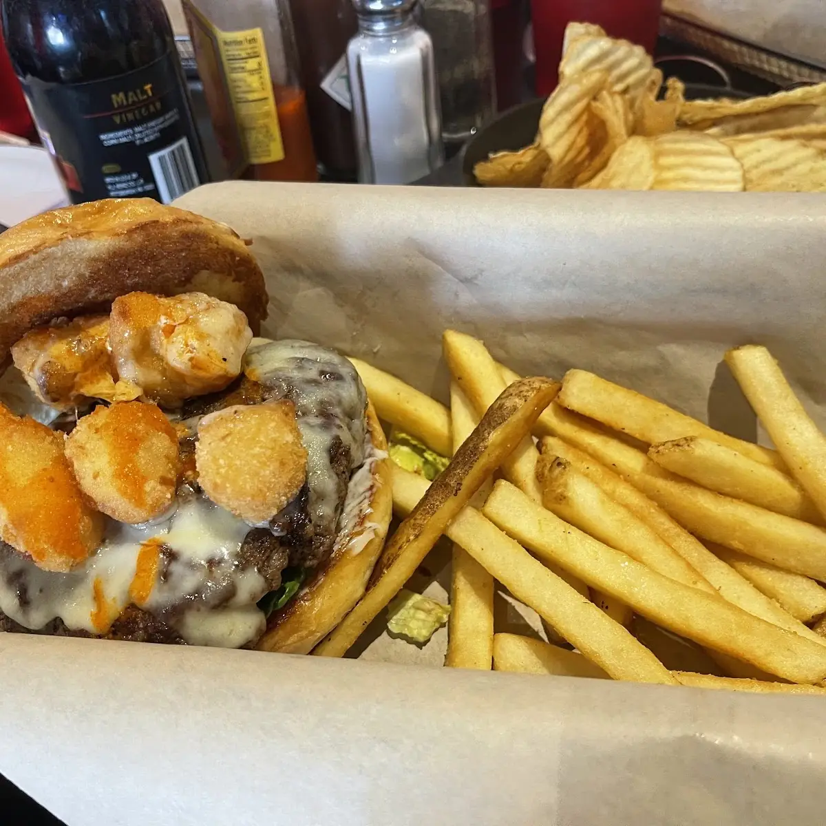 Cheese Curd Cheeseburger with Fries