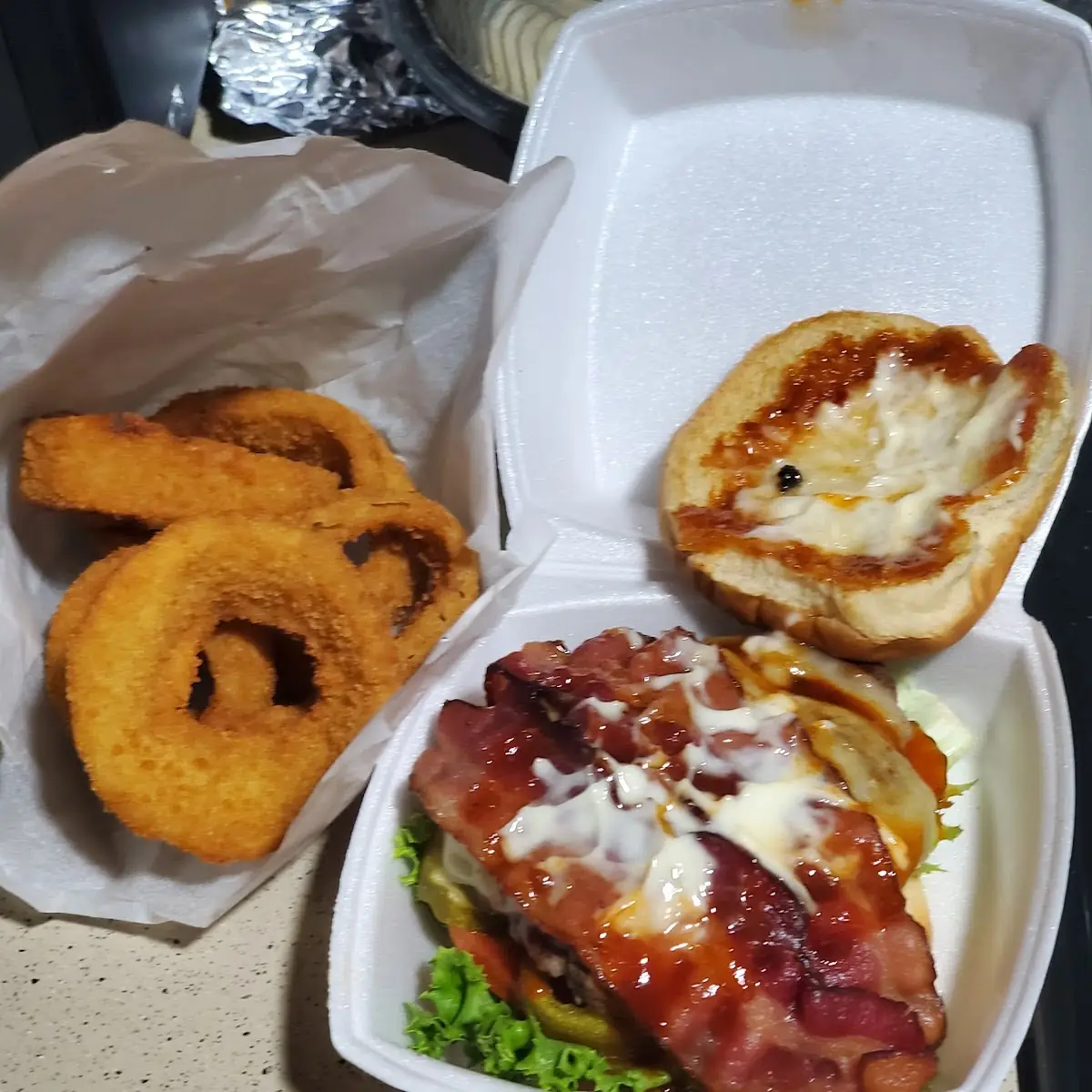 Burger with Onion Rings