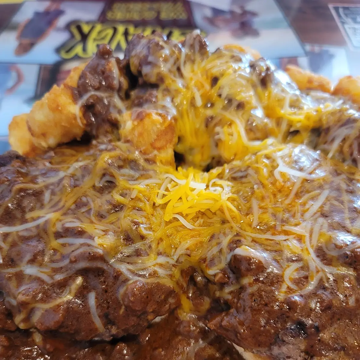 Open Face Chili Cheeseburger