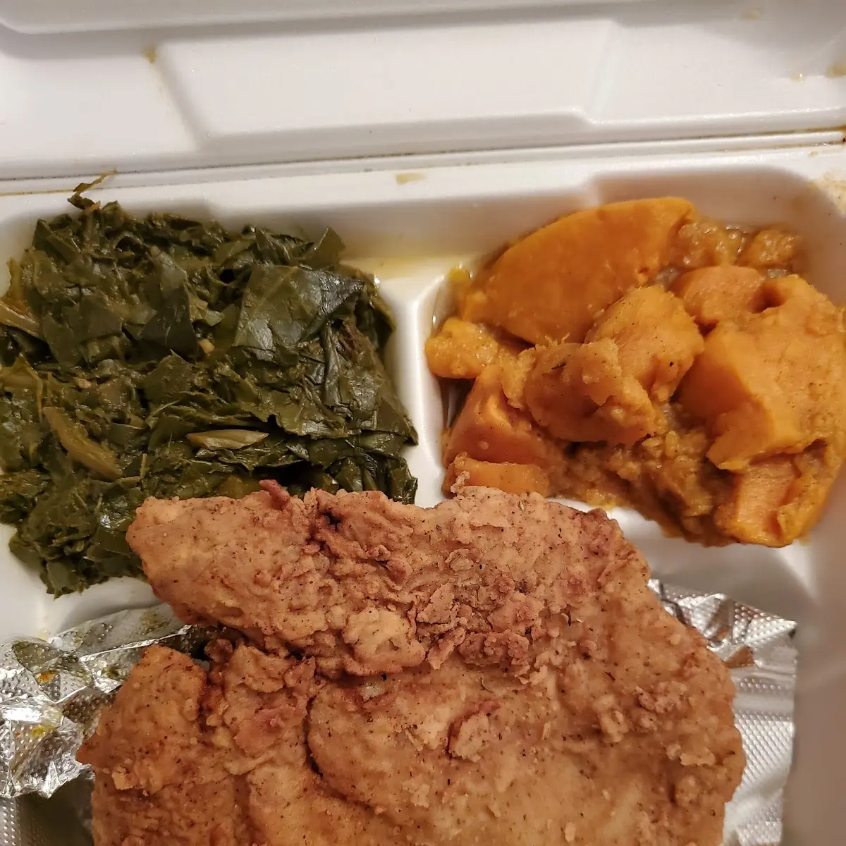 Fried Pork Chops Yams & Collard Greens