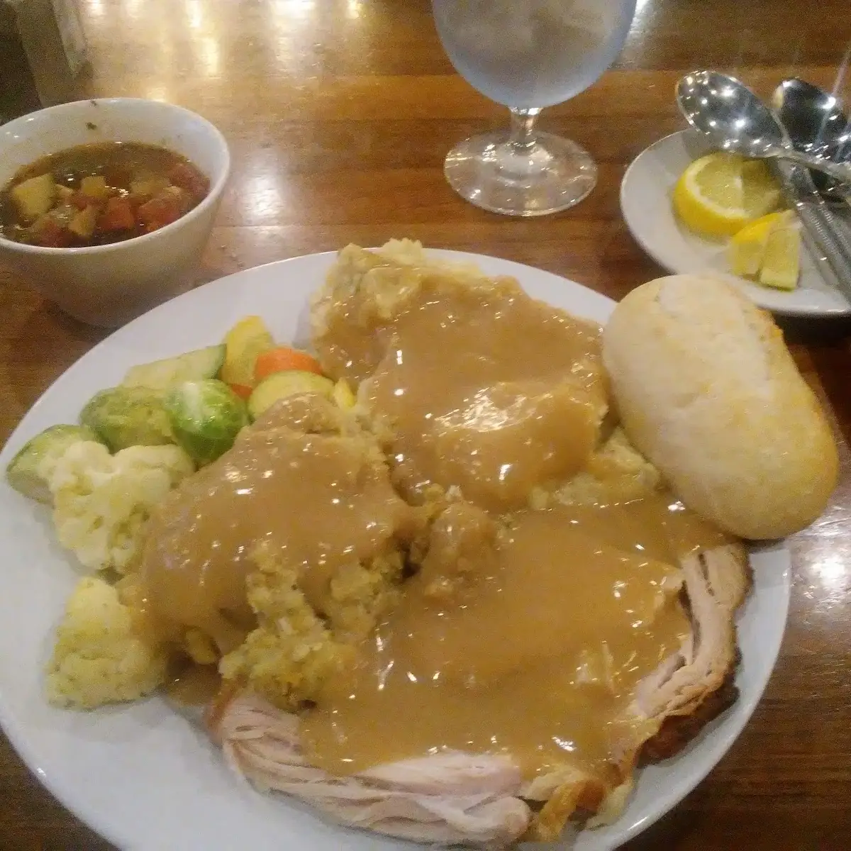 Express Lunch Buffet of Turkey Mashed Potatoes Stuffing Gravy Mixed Vegetables Soup and Salad Bar
