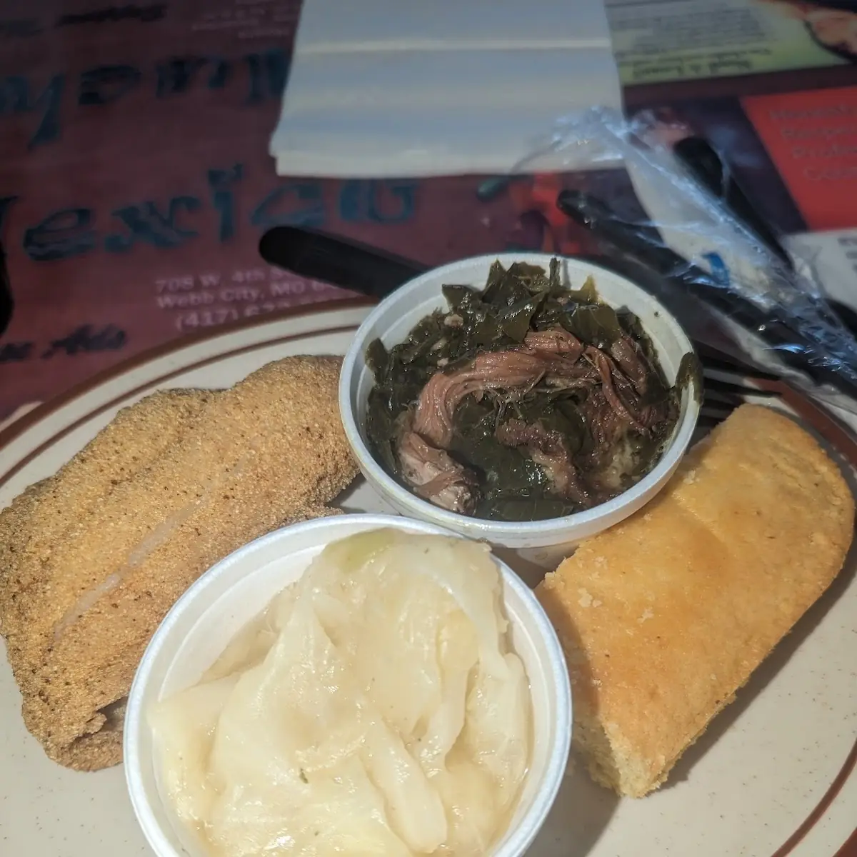 Fried Catfish Cabbage Collard Greens and Cornbread