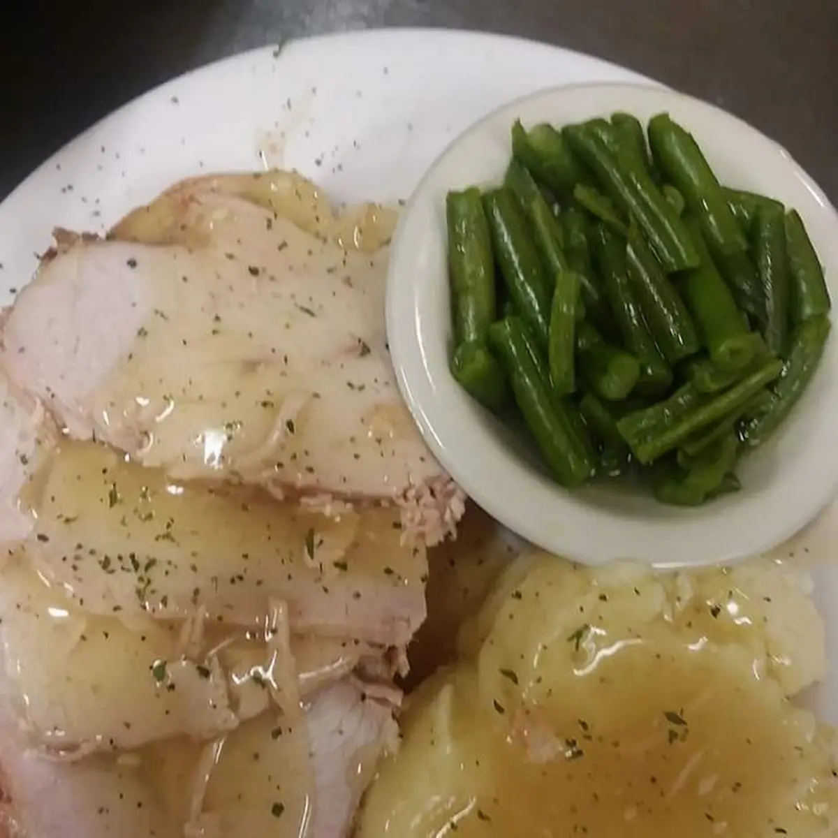 Open Face Turkey Mashed Potatoes and Gravy Green Beans