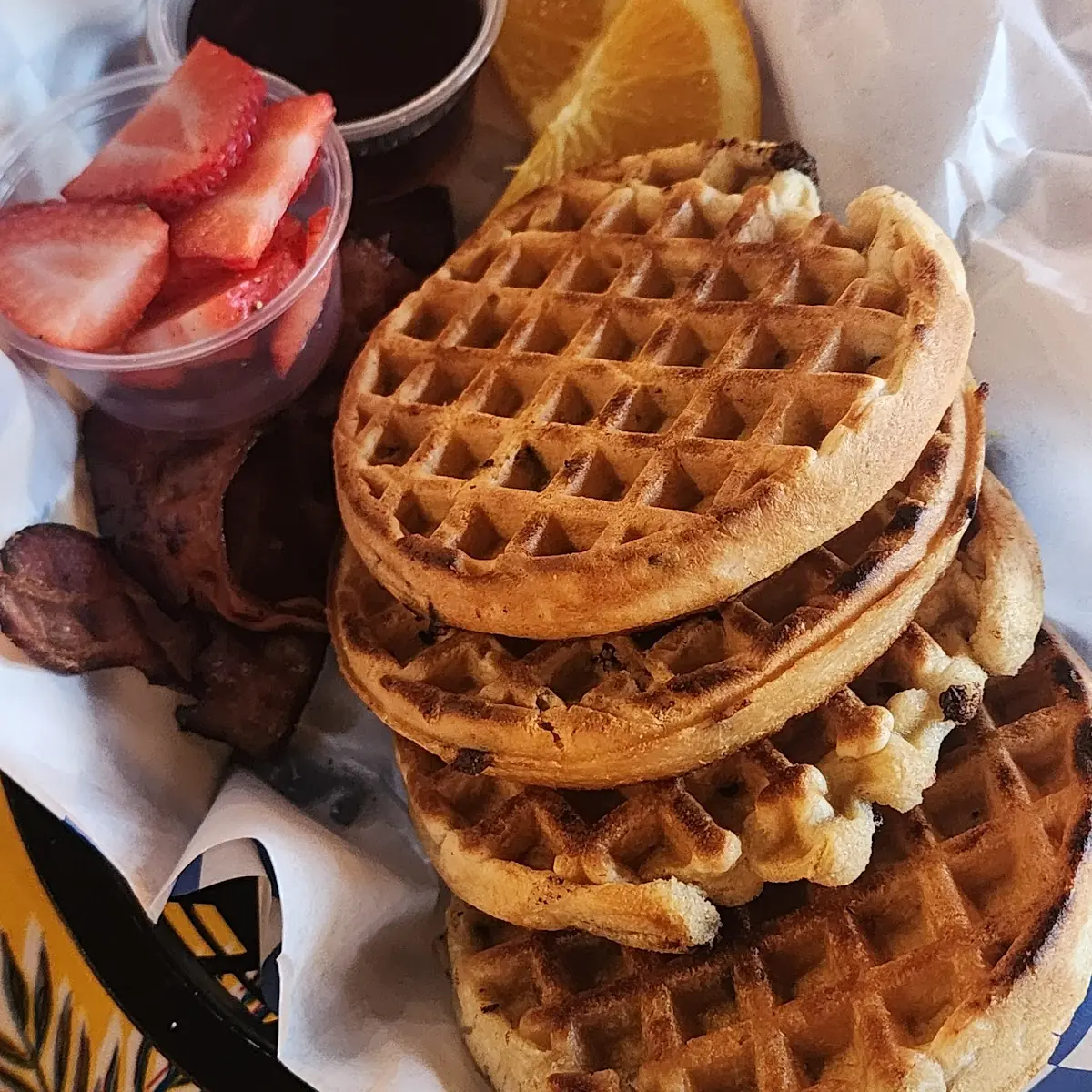 Chocolate Chip Waffles and Bacon