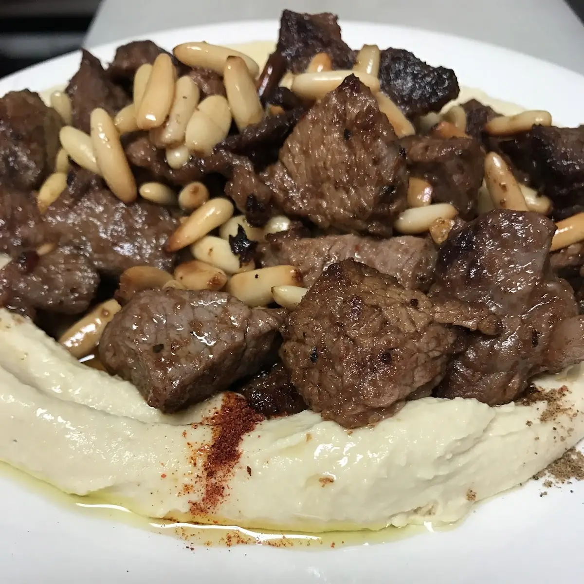 Hummus with Meat and Pine Nuts
