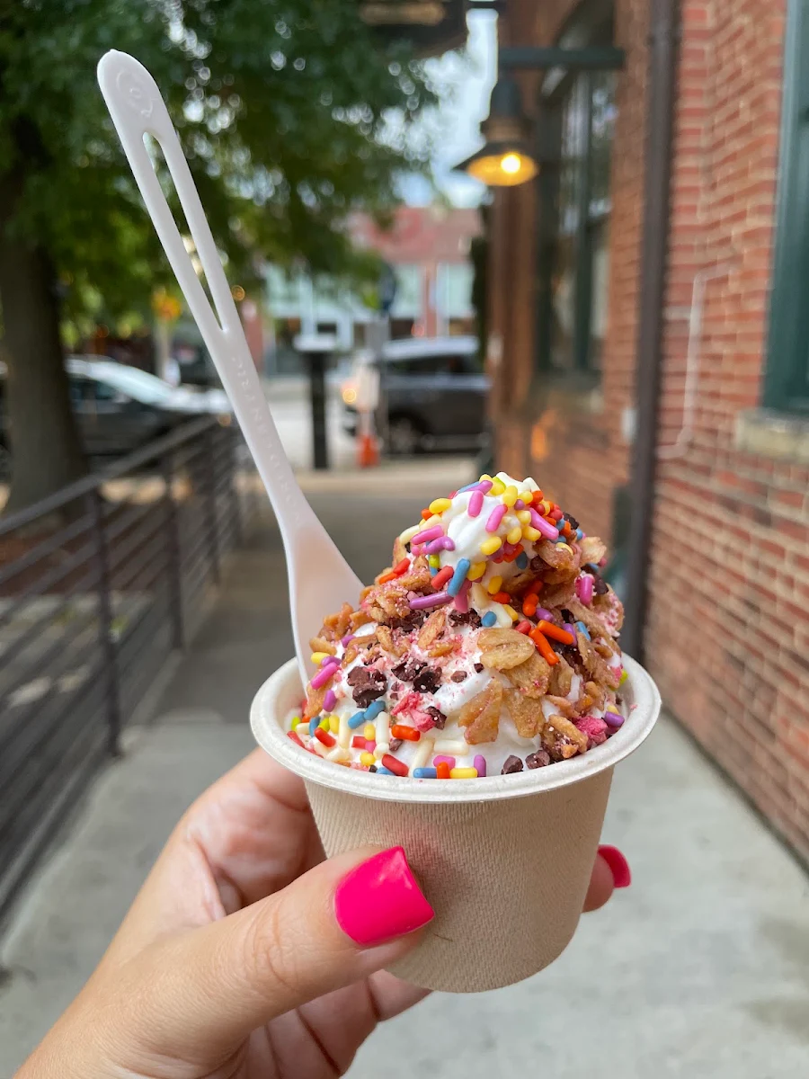 Vanilla Soft Serve Ice Cream with Raspberry Granola