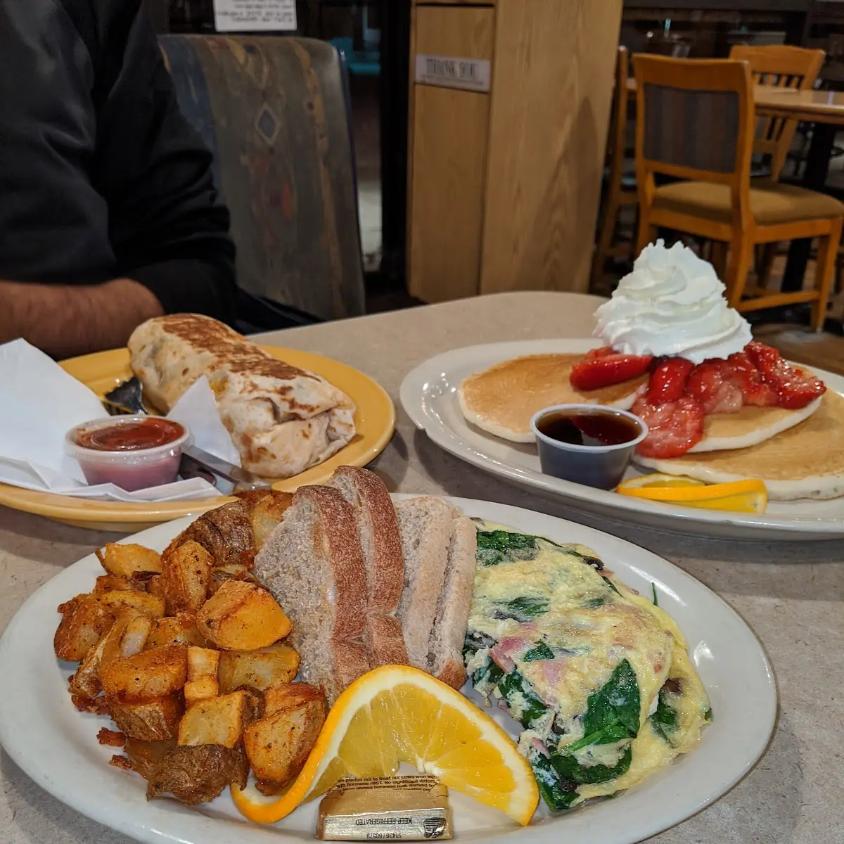 1 Tree Lover Omelette with Mushrooms & Ham Added 2 Chorizo Burrito 3 Strawberry Pancakes