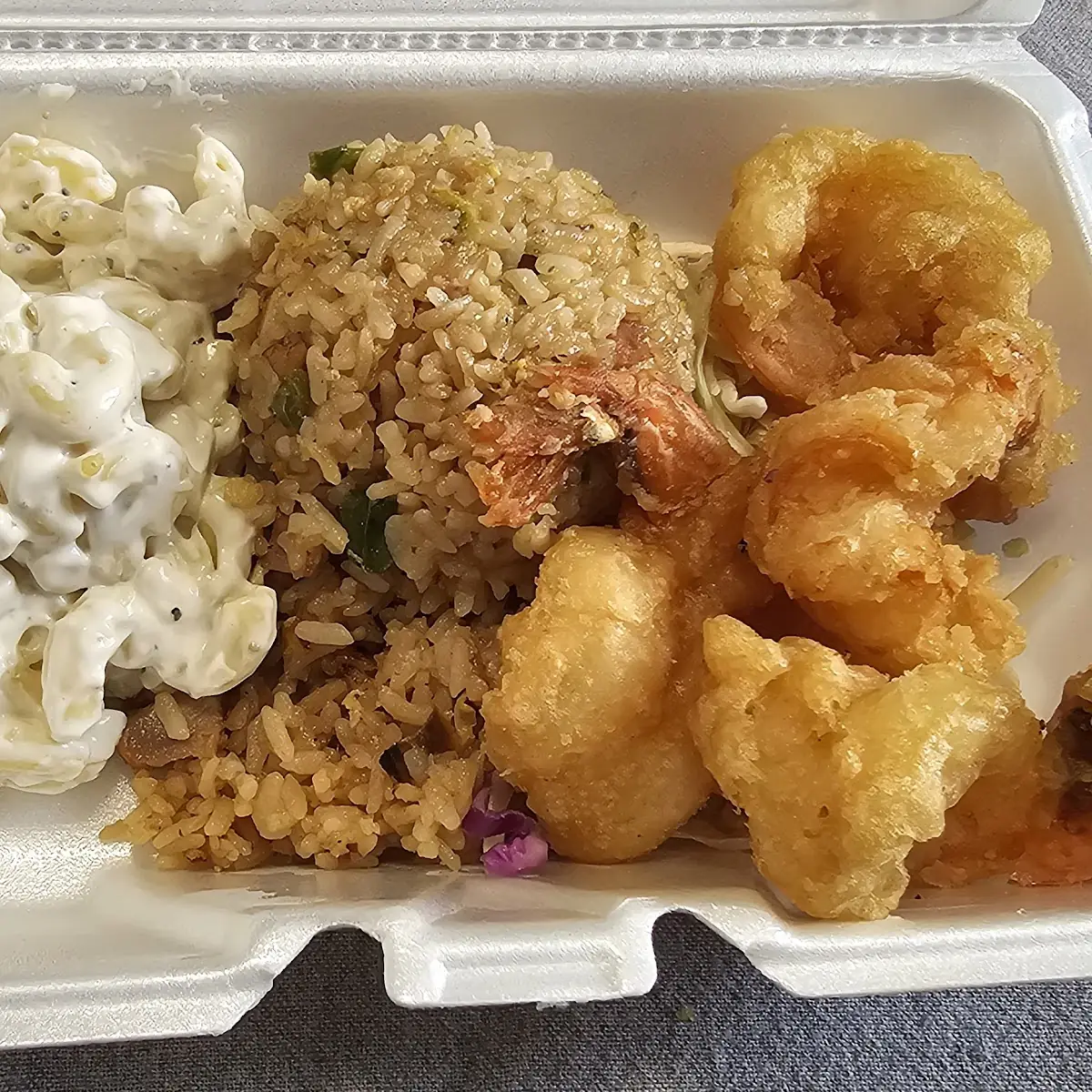 Fried Shrimp with Fried Rice and Macaroni Salad