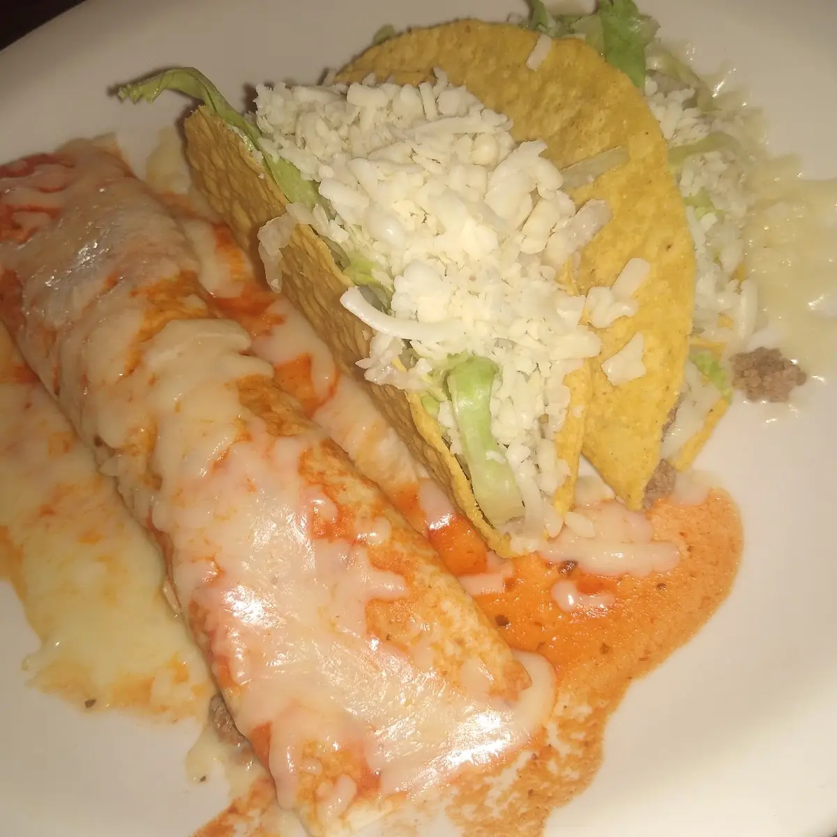 Two Hard Shell Beef Tacos and a Burrito