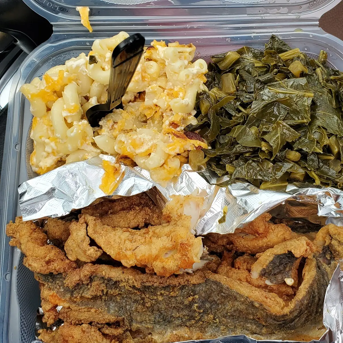 Whiting Fish Combo with Macaroni Cheese and Collard Greens