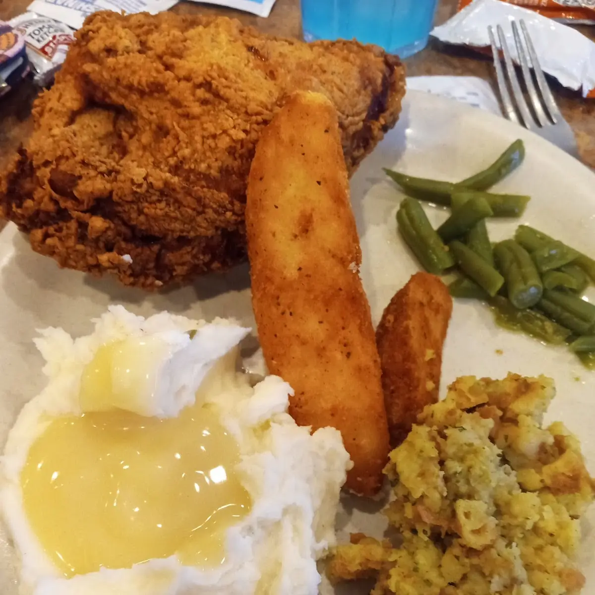 Mashed Potatoes and Gravy Fried Chicken Potato Wedges Stuffing Green Beans