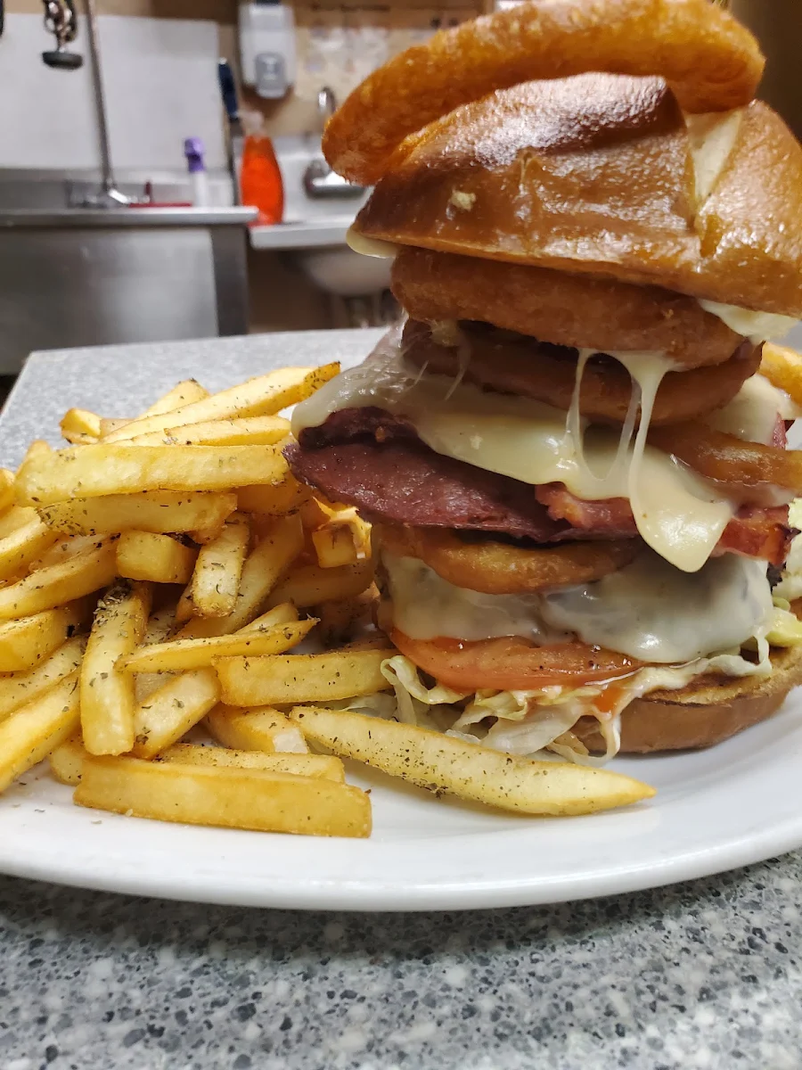 Pastrami Beef Burger with Onions Rings, Silver Fox Pub
