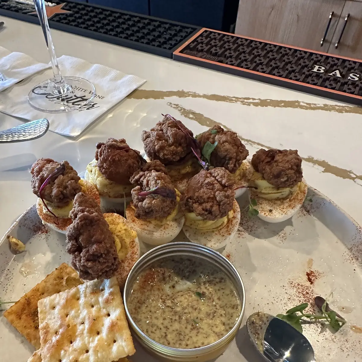 Deviled Eggs with Fried Oysters