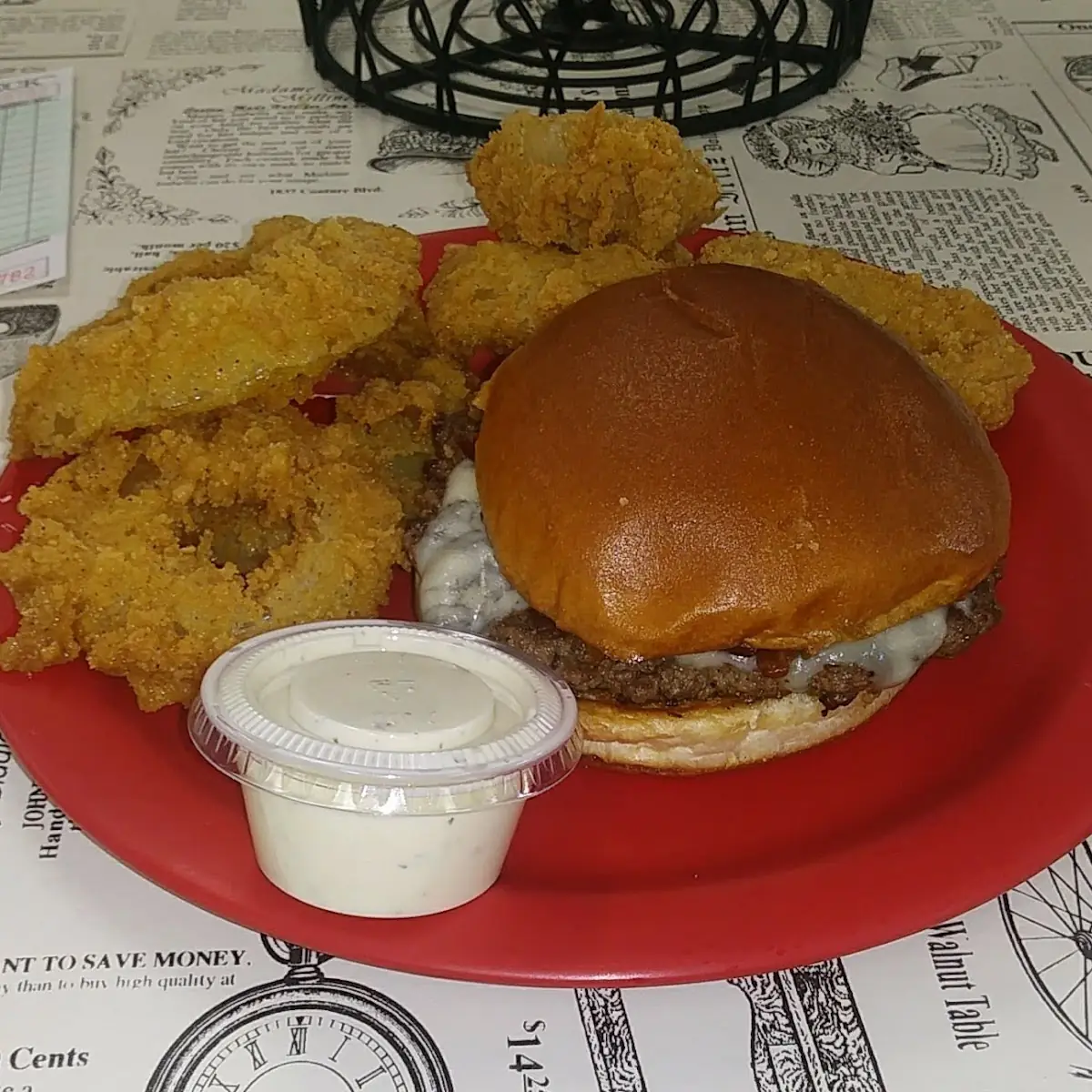 Bacon Blue Cheese Burger & Onion Rings