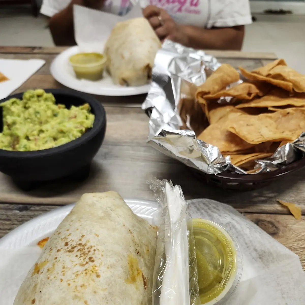Guacamole with Chips and Chicken Burrito