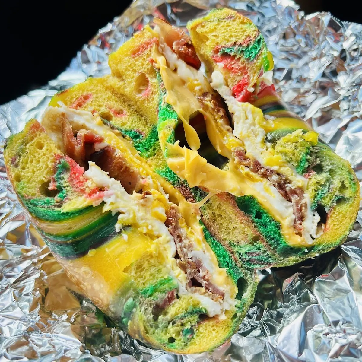 Bacon Egg and Cheese on a Rainbow Bagel