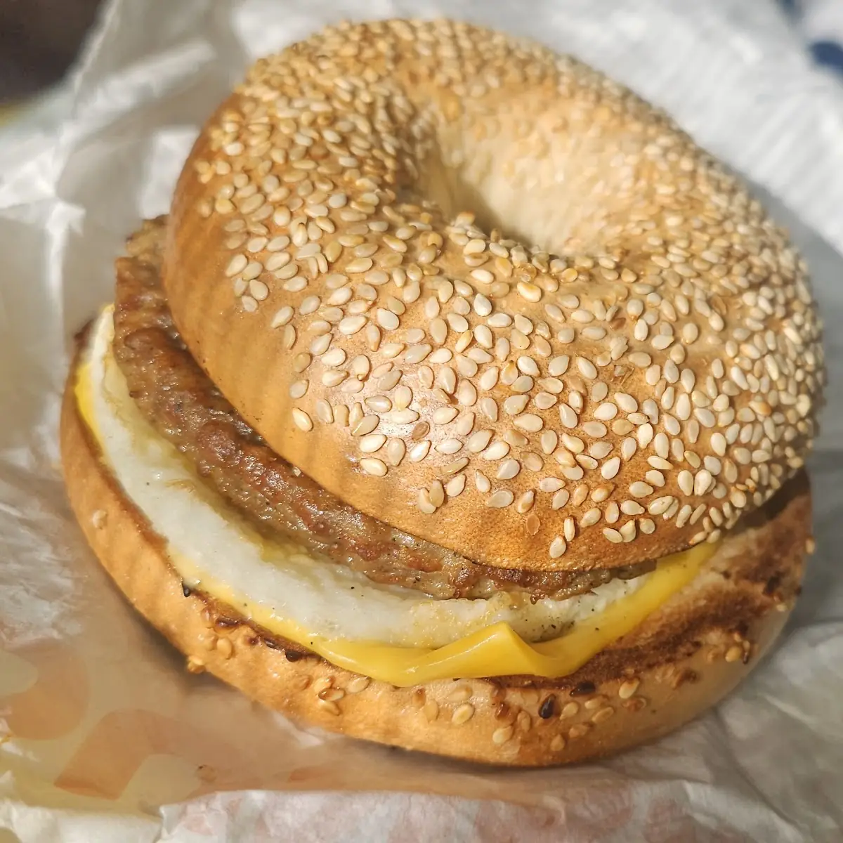 Sausage Egg and Cheese on Sesame Bagel