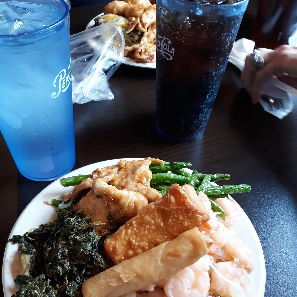 Shrimp Egg Roles Green Beans Spinach and Cheese Off the Buffet