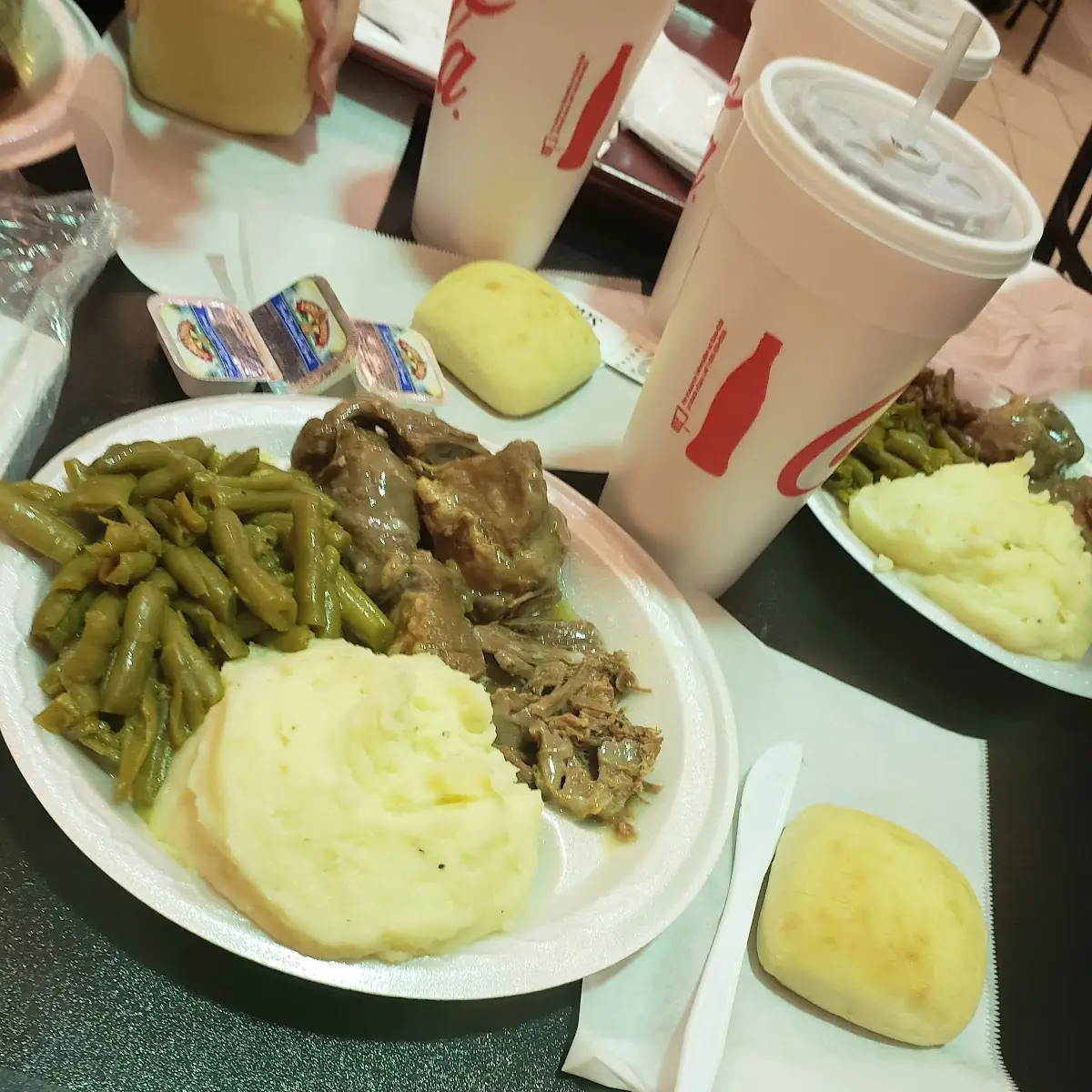 Beef Tips Green Beans Mashed Potatoes and a Roll