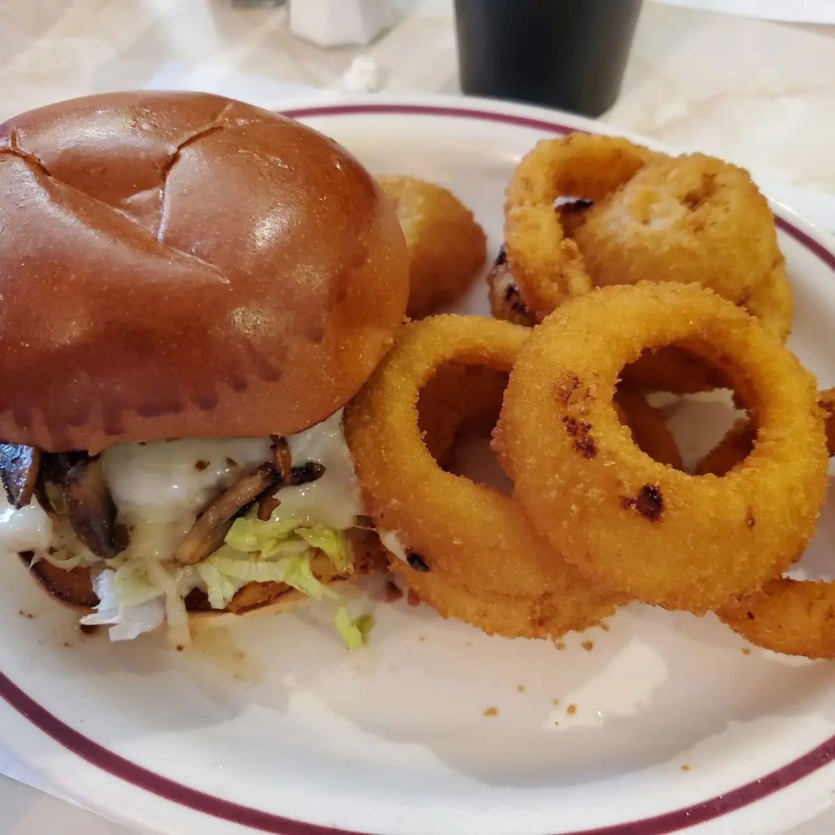 Swiss Mushroom Burger and Onion Rings