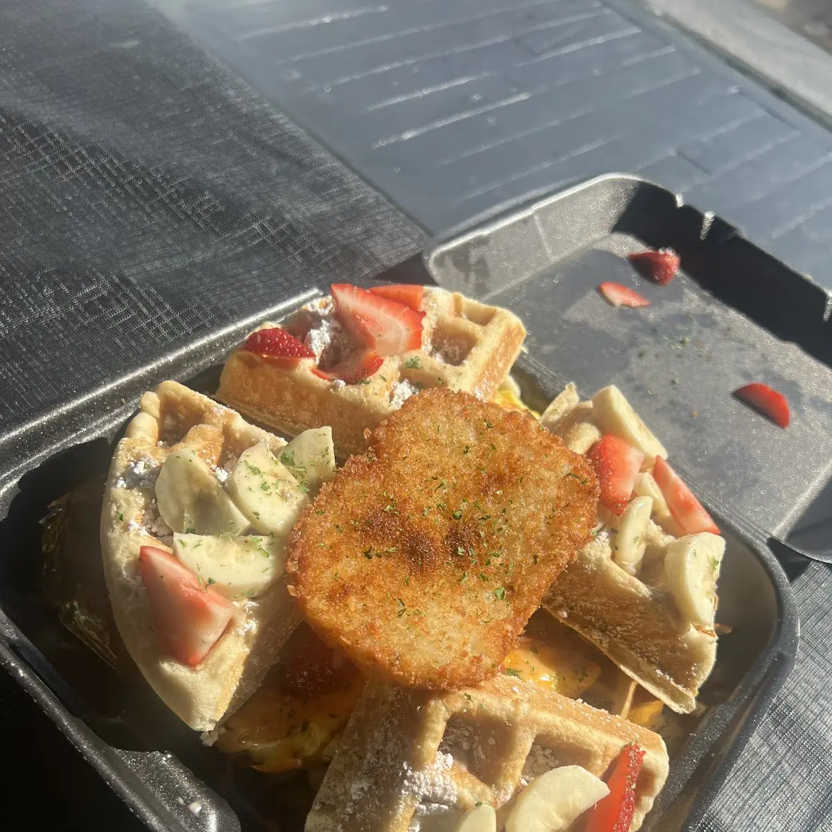 Waffles with Turkey Bacon Add Strawberries and Bananas