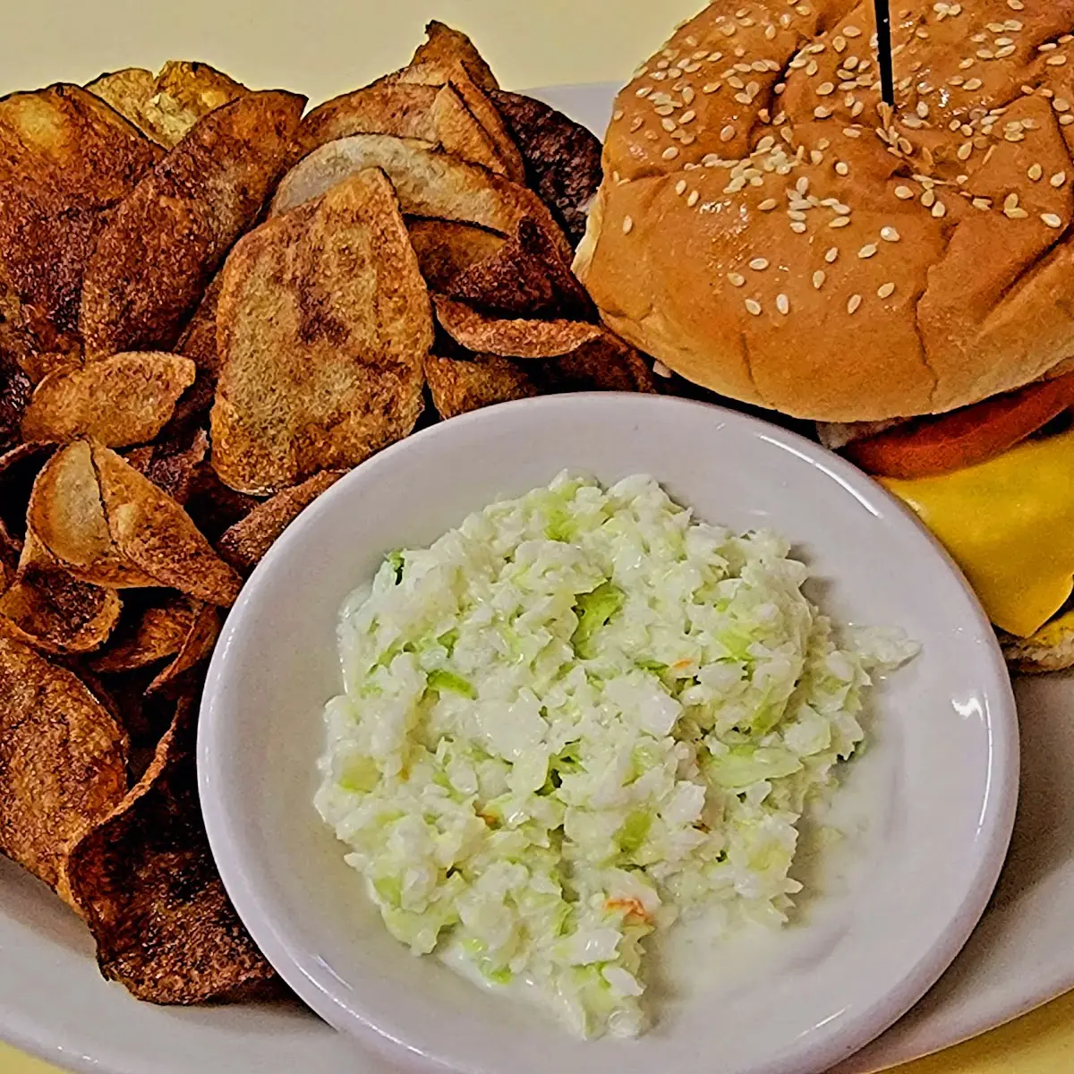 Bacon Cheeseburger Wing Chips and Coleslaw