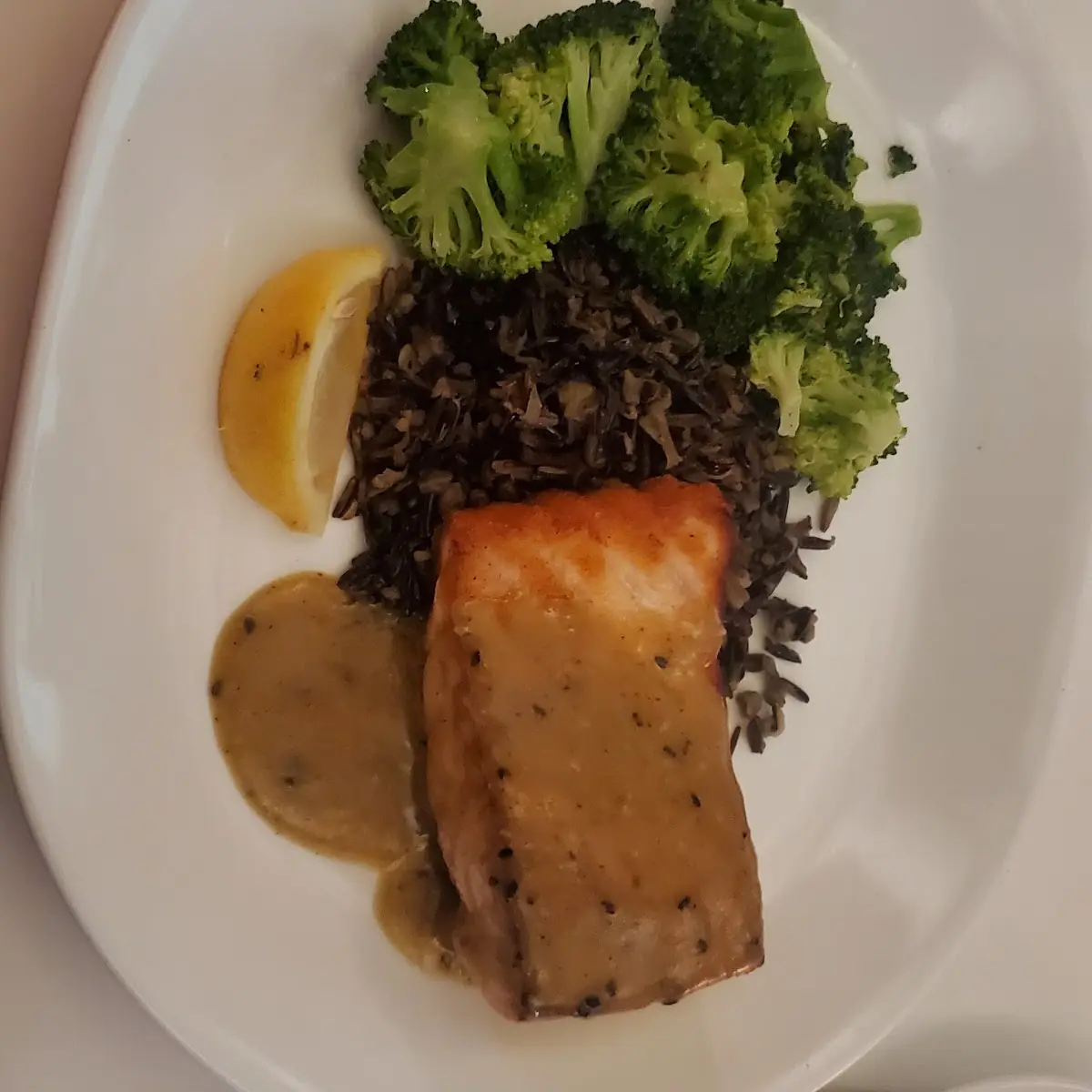 Salmon Pan Seared Citrus Sauce Wild Rice Sauteed Broccoli