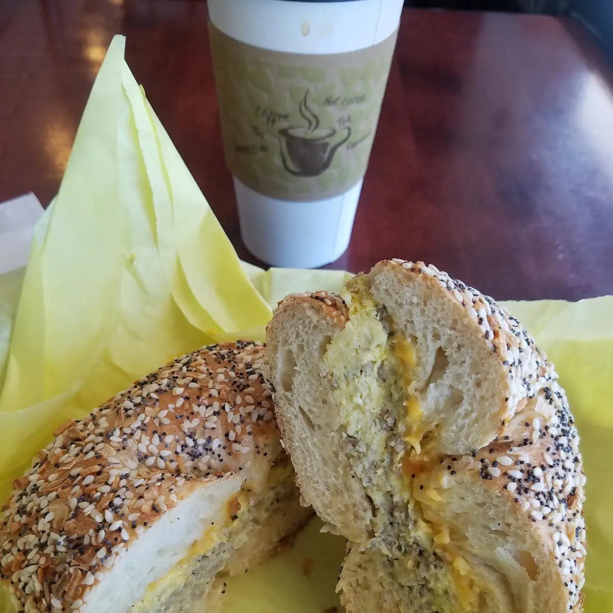 Egg Cheese and Sausage on an Everything Begal