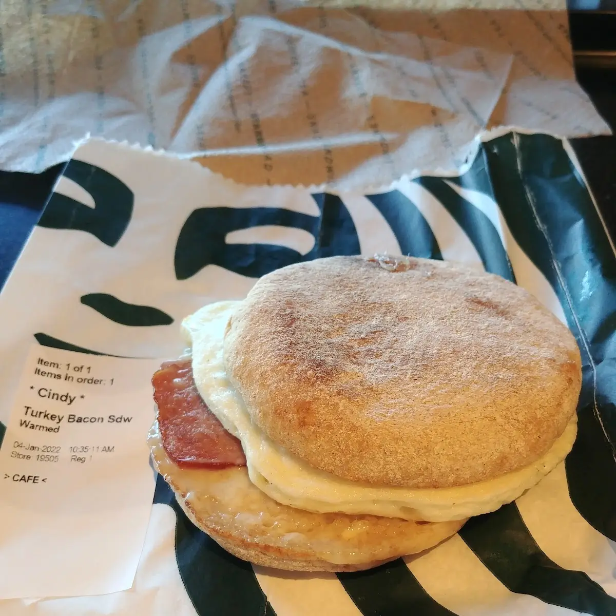 Turkey Bacon Egg White Cheese on English Muffin