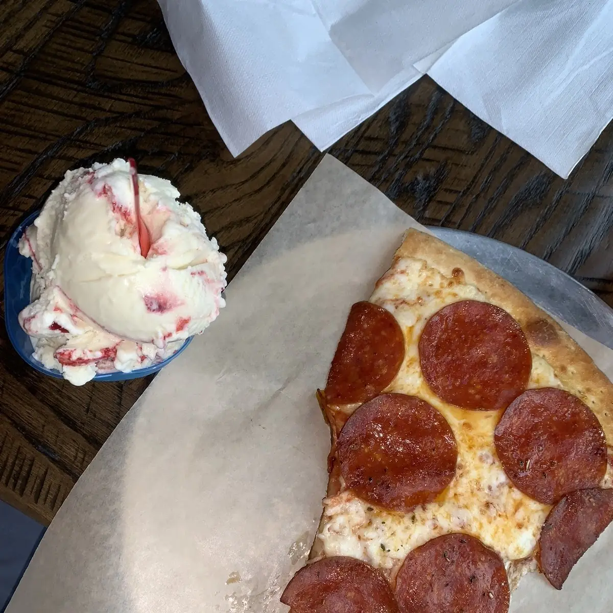 Pepperoni Pizza and Strawberry Cheesecake Gelato