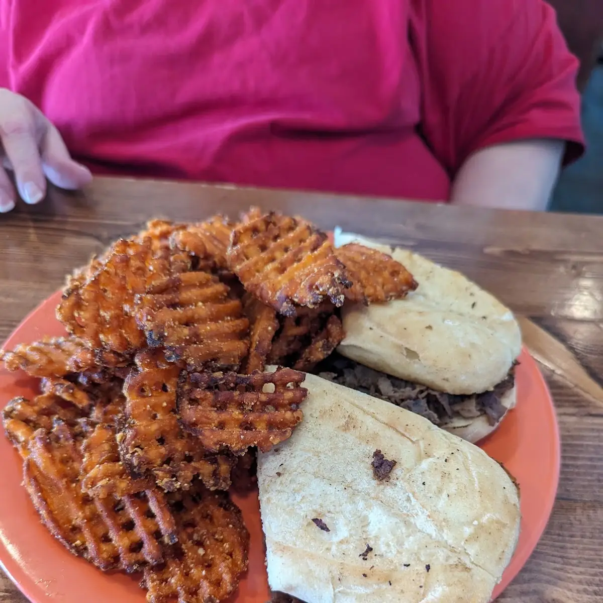 Ribeye Sandwich and Waffle Fries