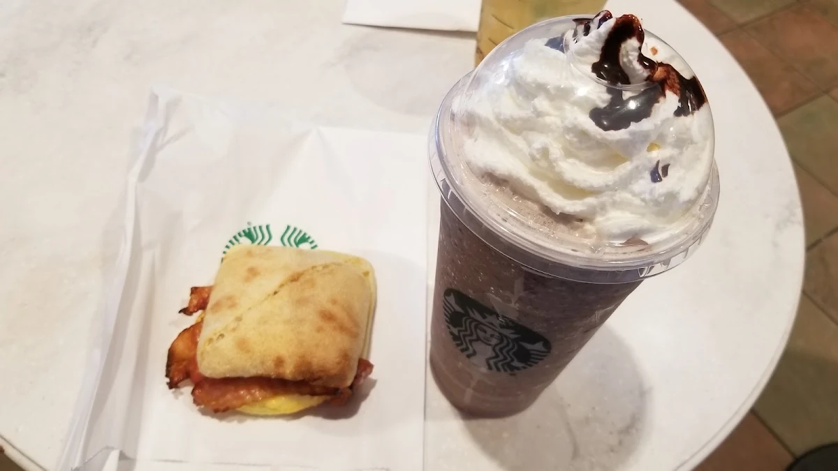 Bacon Gouda & Egg Breakfast Sandwhich and Double Chocolaty Chip Crème Frappuccino Blended Crème
