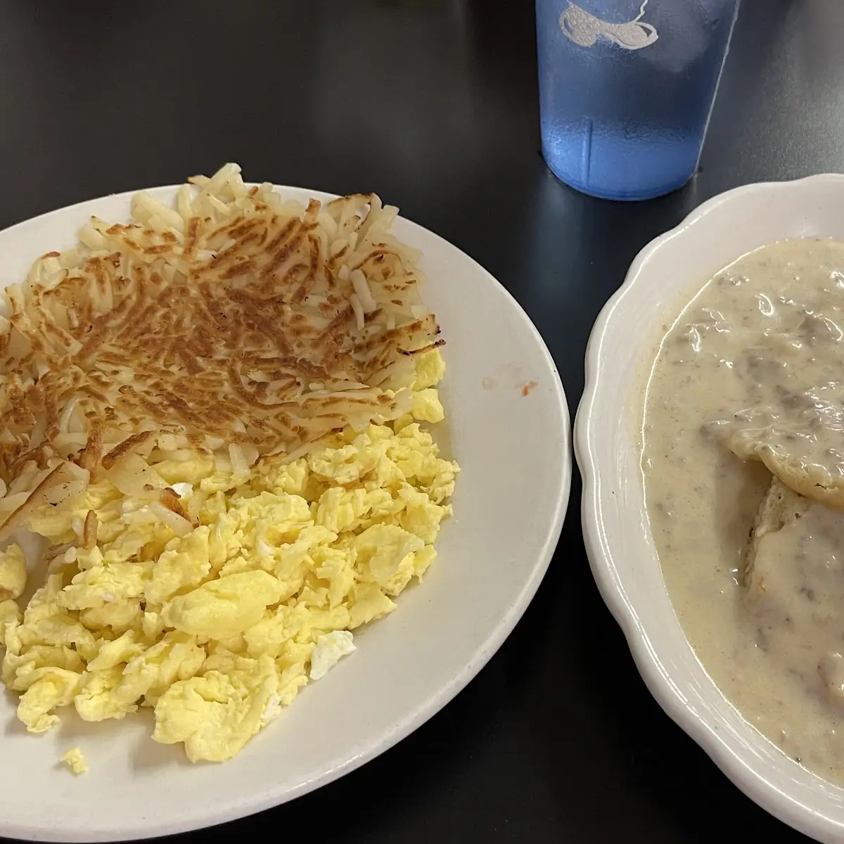 Scrambled Eggs Hash Browns Biscuits and Gravy