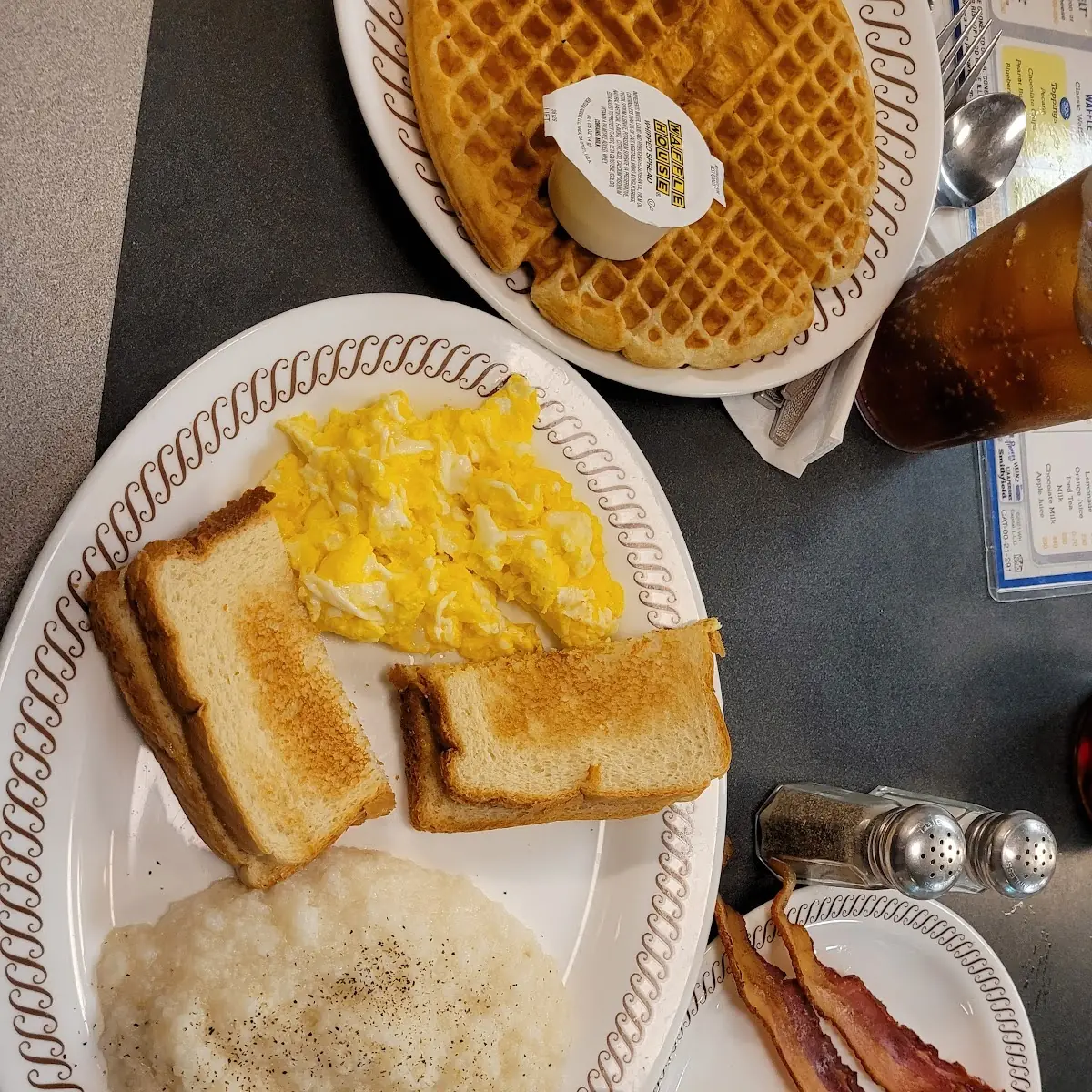Waffles Grits Bacon and Eggs