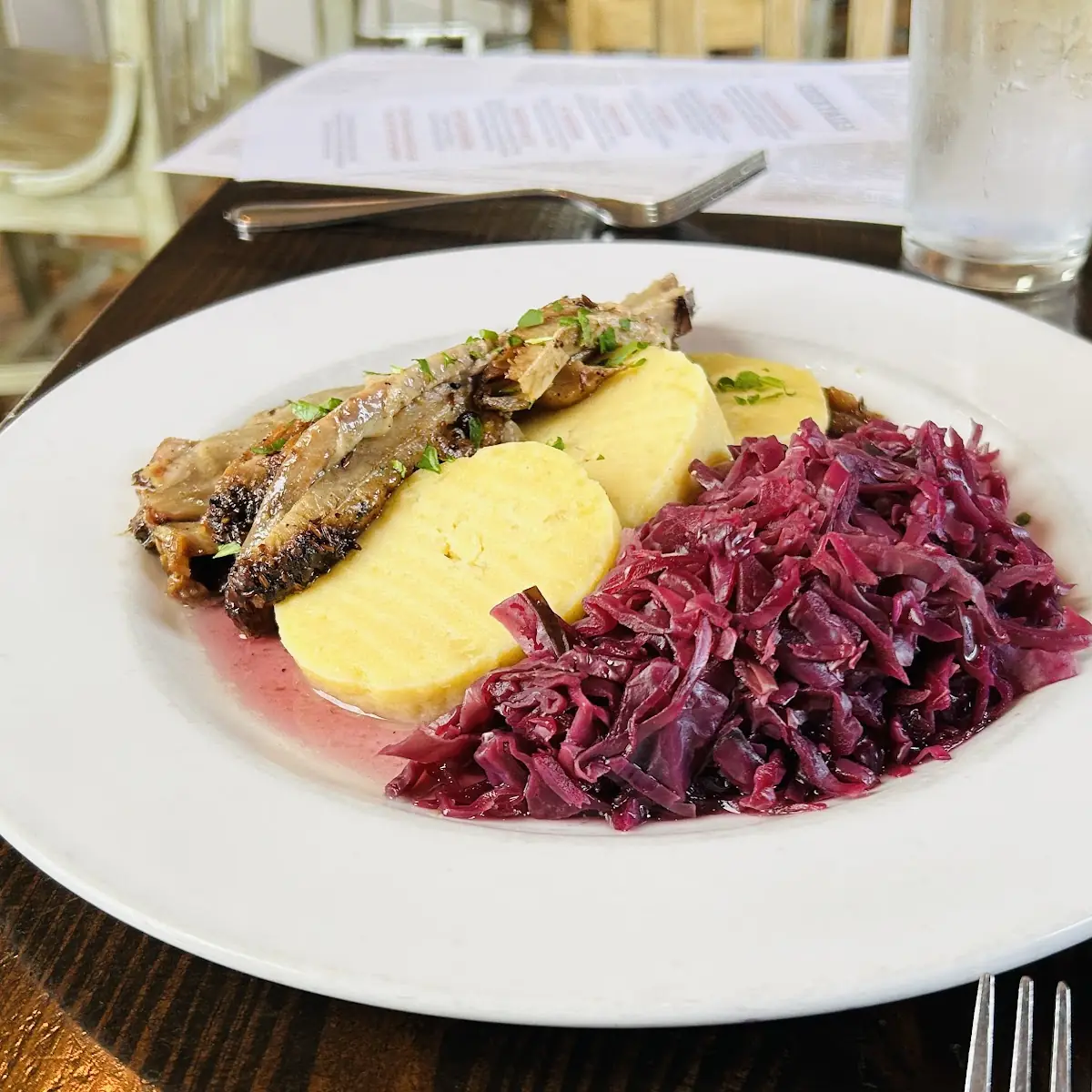 Czech Dumplings Red Cabbage Caramelized Onions Pork Jus